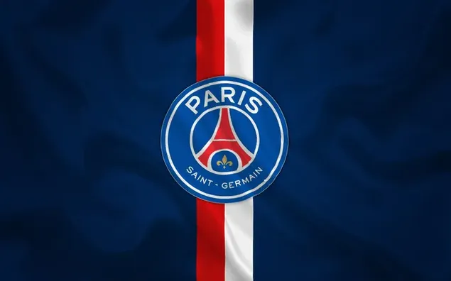 Logo des französischen Liga-1-Teams Paris Saint-Germain-Fußballverein zwischen roten und weißen Linien vor blauem Hintergrund