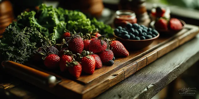 cerstve bobule a listova zelenina na rustikalnej drevenej doske stiahnut