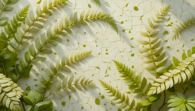 破裂的白色纹理背景上的新鲜绿叶 4K 壁纸