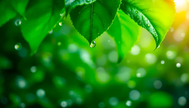 friske gronne blade med dugdraber og sollys download