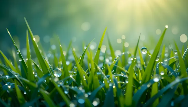 Свежа јутарња роса на зеленим влатима траве - Лепота природе 2K позадина
