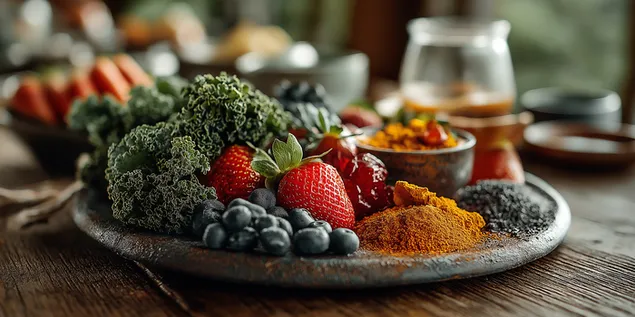 tanier cerstvych produktov s bobulami, kelom a kurkumou stiahnut