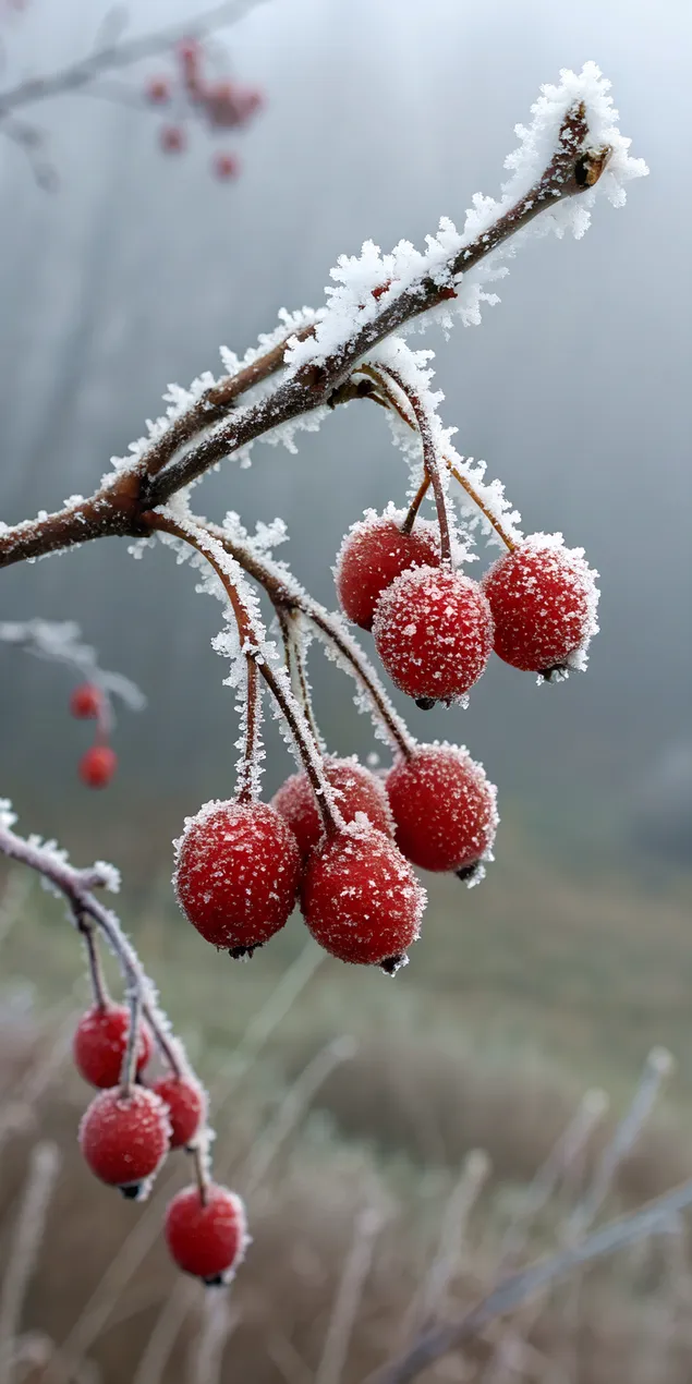 Baies vermelles cobertes de gelada sobre una branca amb cristalls de gel semblants a un diamant 2K fons de pantalla