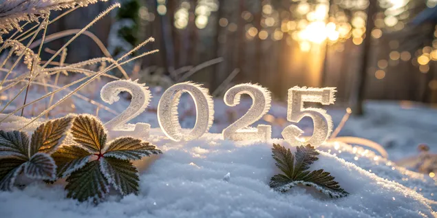 Zaleđeno lišće s formiranjem ledenih kristala 2025. obasjano zlatnom sunčevom svjetlošću u snježnoj šumi 4K pozadina