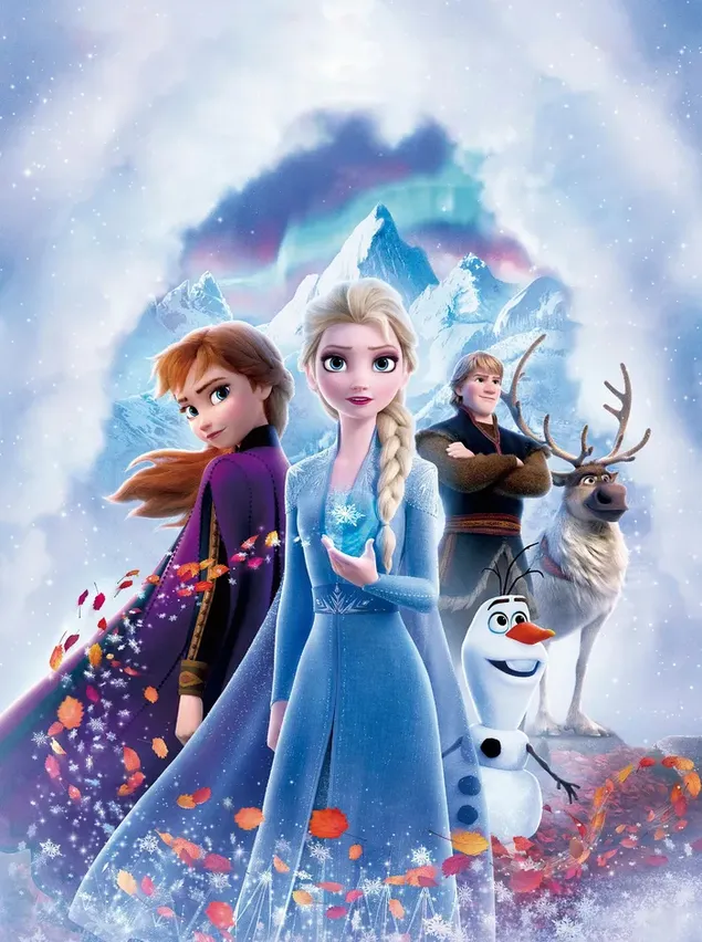 Frozen animated movie characters Elsa, Anna, Olaf and other anime characters together