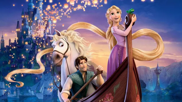 Frozen animated movie prince, princess and white horse travel by boat