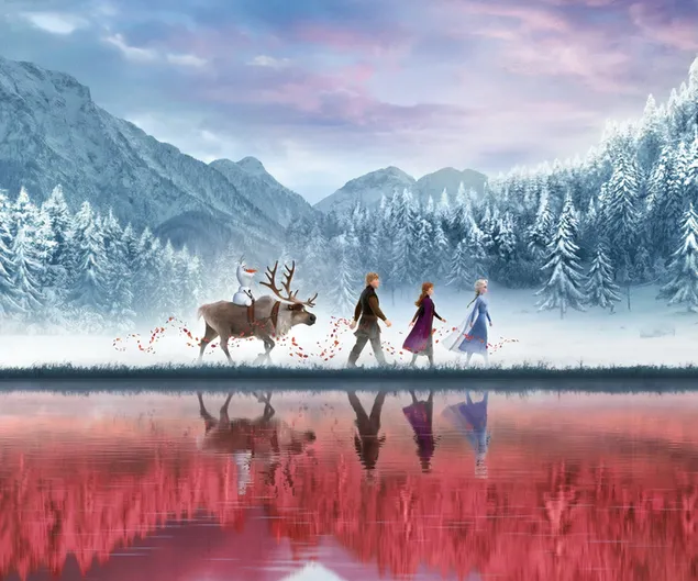 Frozen II, la reina Elsa, la princesa Anna y el reflejo de una amiga en el lago