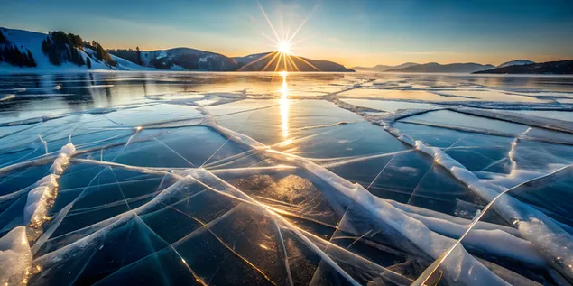 אגם קפוא בחורף עם קרני שמש מחזירות 4K טפט