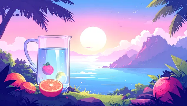 muat turun air infused buah-buahan di pantai tropika dengan pemandangan matahari terbenam pulau