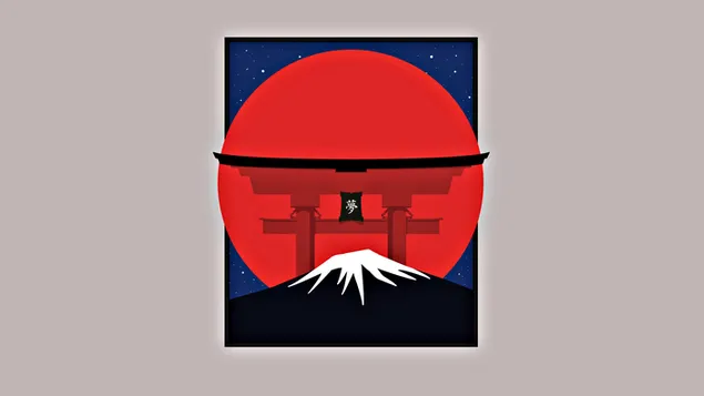 富士山とトリのミニマルなアートワークの壁紙