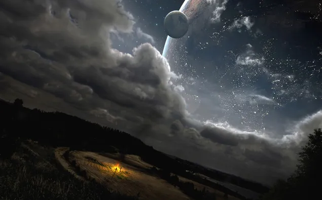 Luna llena y paisaje nocturno (Sci-fi) 2K fondo de pantalla