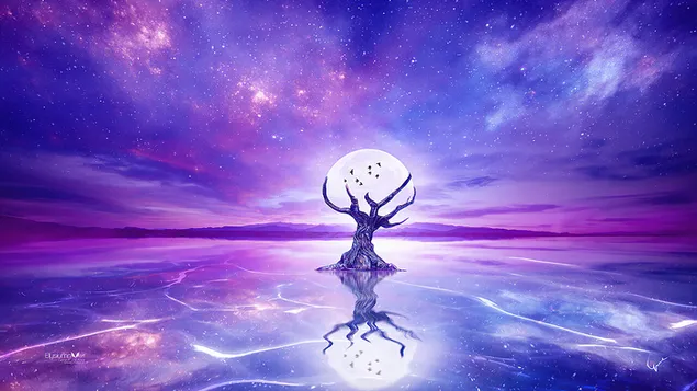 Шпалери Повний місяць і дерево неонові фантазії відображення 2K