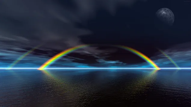 曇り空の満月と海の真ん中に現れる虹のイメージ