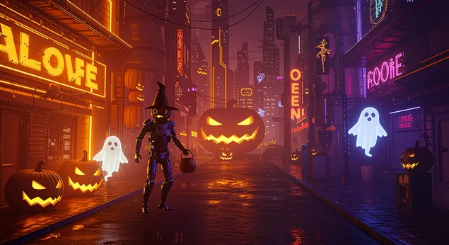 Luna piena sopra il campo di zucche: sereno paesaggio di Halloween con zucche di Halloween sotto la luna piena. 2K sfondo