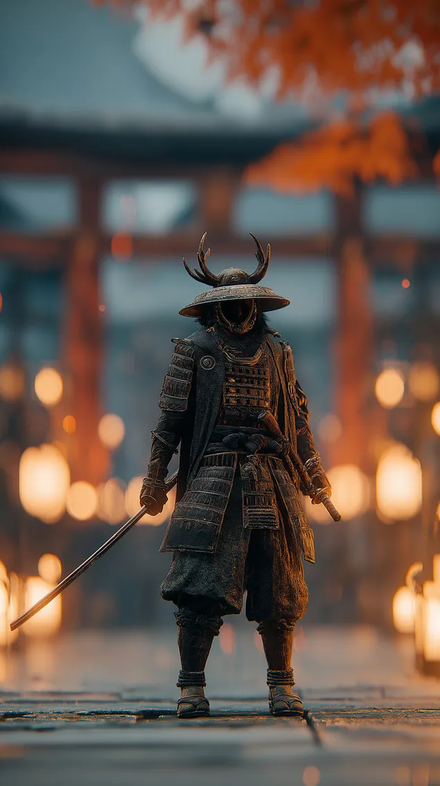 cely pohled na samurajskeho valecnika pripraveneho s mecem v klidnem prostredi stahnout