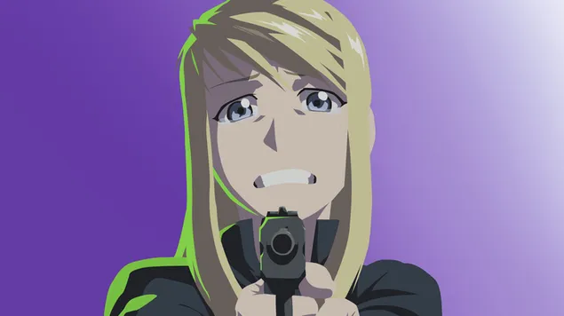 Фуллметал Алцхемист - Винри Роцкбелл упери пиштољ у некога (вектор) 2K позадина