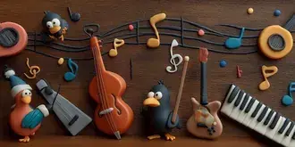 veselaya plastilinovaya muzykal'naya stsenka s mul'tyashnymi ptitsami i instrumentami skachat'
