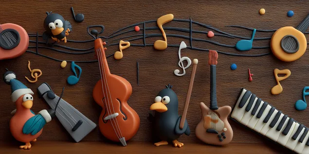 lustige knetfiguren-musikszene mit comic-vogeln und instrumenten herunterladen