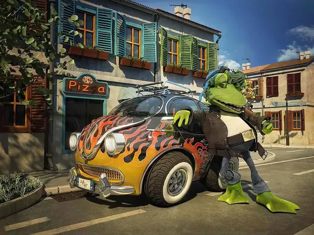 Posició divertida del personatge d'anime al costat de cases de colors i cotxes al carrer baixada
