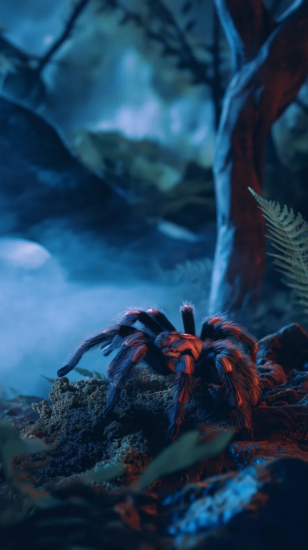 Tarantula me qime në dyshemenë e pyllit me ndriçim eterik HD sfond