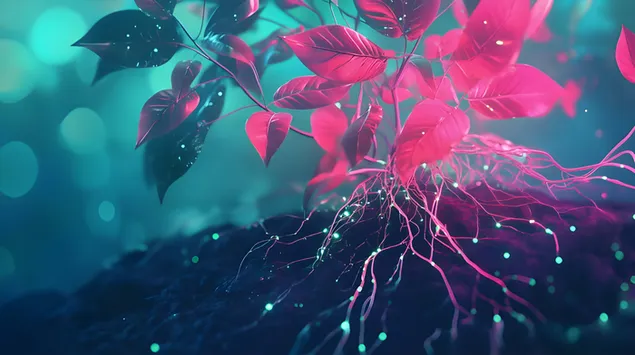 מיזוג של טבע וטכנולוגיה עם עלים מתכתיים וזוהר ניאון 8K טפט