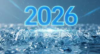 holograma futurista de 2026 brilhando sobre gelo cristalino
