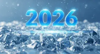 holograma futurista de 2026 pairando sobre cristais de gelo cintilantes.