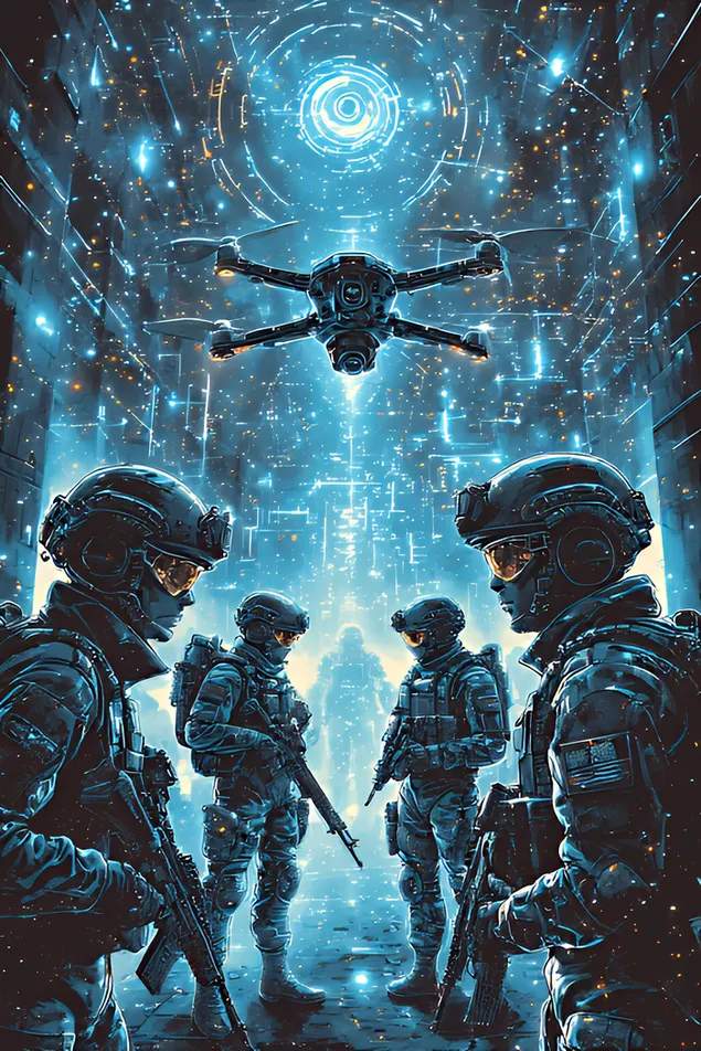 futuristicheskie bronirovannye soldaty i drony podnimayutsya v sinem svete, ob''edinyaya tekhnologii i doblest' v novoy ere oborony. skachat'