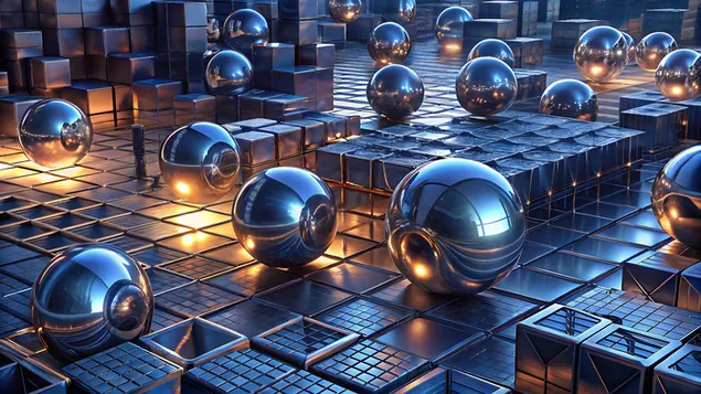 רקע עתידני עם כדורים וקוביות מתכתיות 4K טפט