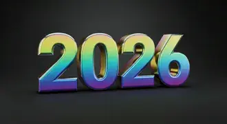 arco-iris cromado futurista ''2026'' em tela escura elegante -- estetica de brilho metalico