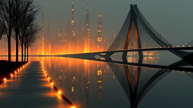 qiellgervishtes futuriste te qytetit te reflektuar ne ujerat e qeta naten shkarkim