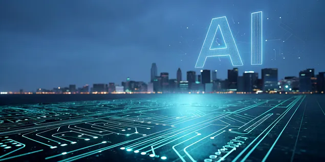 Tapeta Futuristický horizont panoráma města se zářícím textem AI a obvodovými linkami 4K