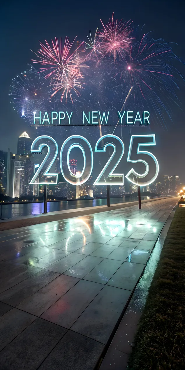 futuristisch stadsgezicht met neon 'happy new year 2025' en holografische projecties download