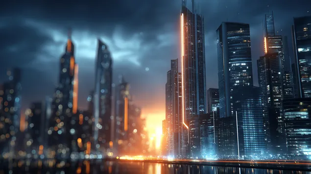 Futuristična mestna krajina s progastimi lučmi v mraku 2K ozadje