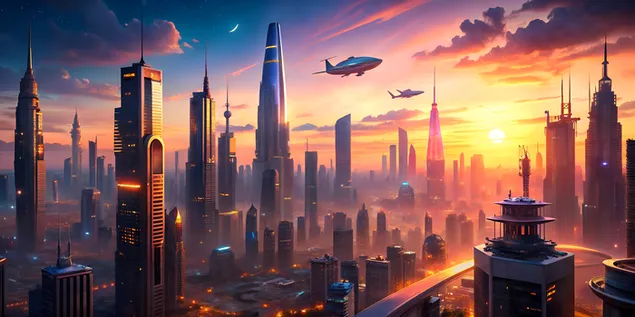 עיר סייברפאנק עתידנית בשעת בין ערביים עם אורות ניאון וזוהר שקיעה מעל גורדי שחקים נישאים 4K טפט