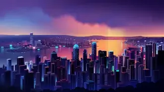 futuristicke kyberpunkove panorama mesta pri zapadu slunce s neonovymi svetly stahnout