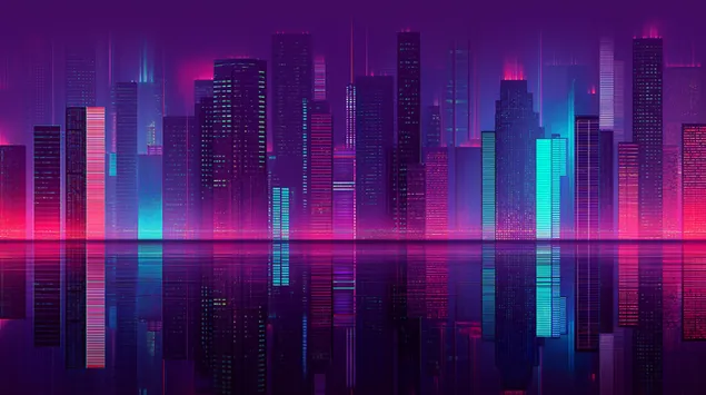 futuristicka sajberpunk panorama s neonskim sjajem i refleksijom vode preuzmi
