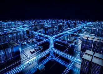 futuristicke datove centrum kampusu pozadi s zaricimi optickymi sitemi a serverovymi stojany stahnout