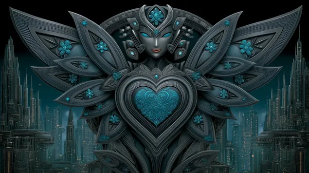 Tapeta Futuristické božstvo s okrídleným srdcom v mestskej krajine 2K