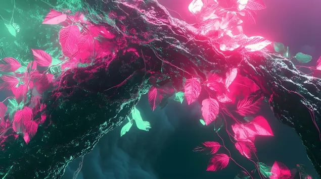עיצוב עתידני: פלורה מתכתית עם שורשים דיגיטליים בוורוד וירוק 8K טפט