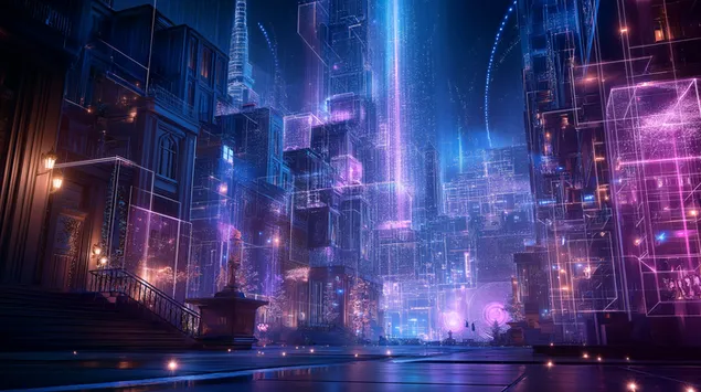 Futurystyczne cyfrowe miasto ze świecącymi liniami architektonicznymi 2K tapeta