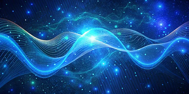 Fons futurista de tecnologia digital amb ones de partícules i corbes blaves 4K fons de pantalla