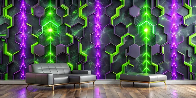 Futuristinė anglies juodos, neoninės žalios ir elektrinės violetinės sienos su sofa ant žemės sintezė 4K ekrano užsklanda