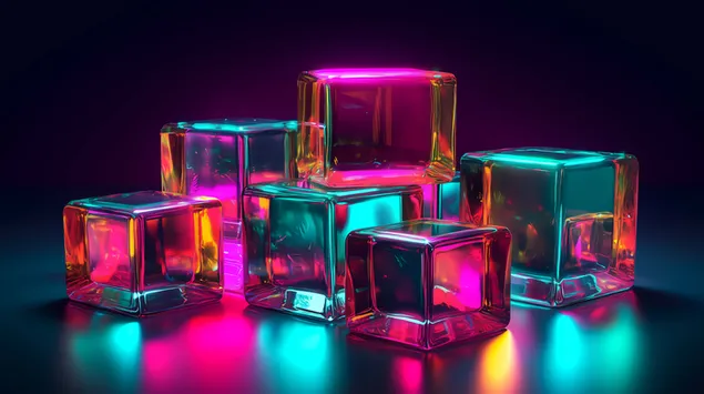 Futuristiniai stiklo kubeliai su neoniniais atspindžiais 4K ekrano užsklanda