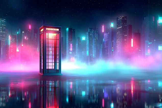 Tapeta Futuristická skleněná telefonní budka s neonovou záři 2K
