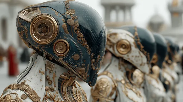 חייזרים אנושיים עתידניים עם עיצוב שריון קיברנטי מעוטר 2K טפט