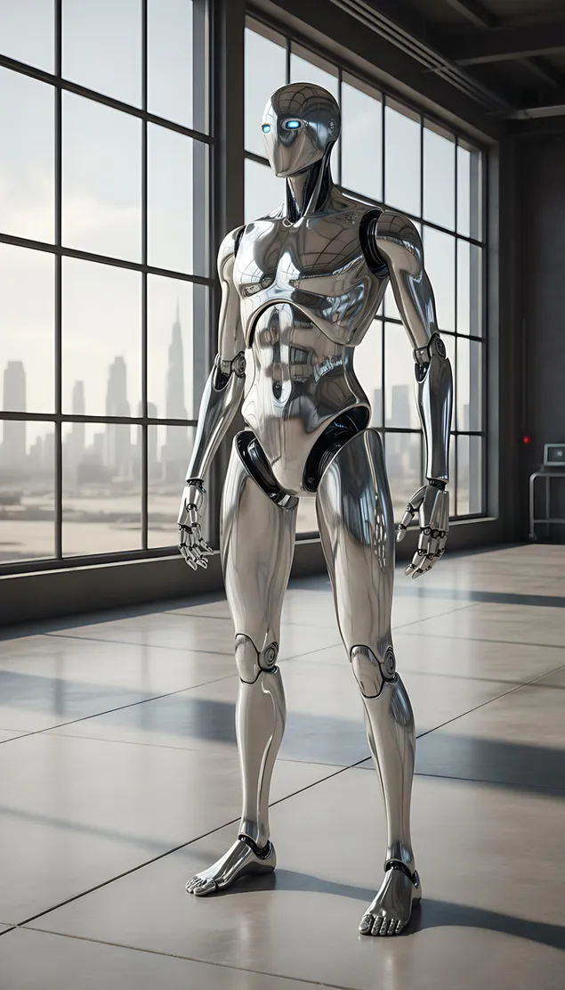 futuristichen khumanoiden robot, pozirashch na zakrito izteglyane