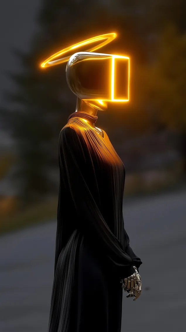 Hình nền Người máy tương lai mặc một chiếc váy dài thướt tha và một chiếc mũ vuông phát sáng có vầng hào quang HD