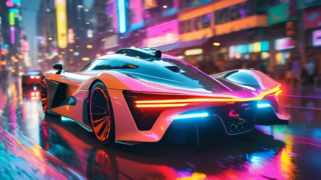 futuristichen khiperavtomobil v neon cyberpunk city izteglyane
