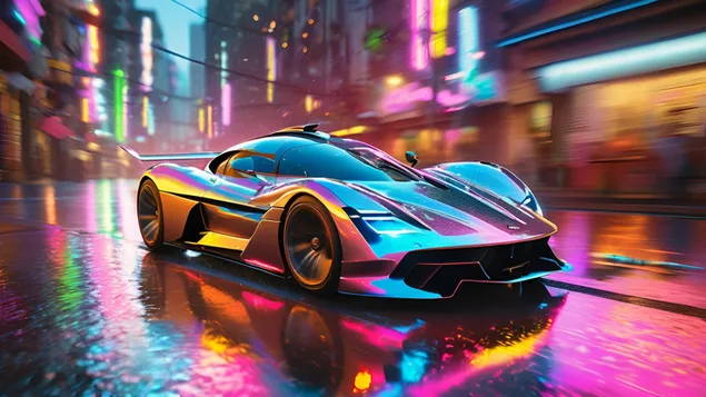 futuristichen khiperavtomobil v neonov tsvyat izteglyane